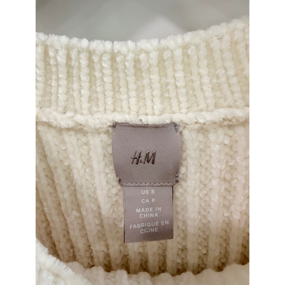 HM White Chenille Puff Sleeve Knit Sweater Ribbed Crewneck Cream S - Picture 3 of 9